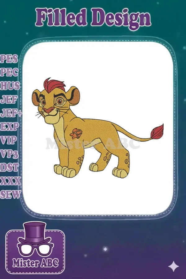 A vibrant embroidery design of Kion from Disney's The Lion Guard, featuring his iconic red mane and mark.