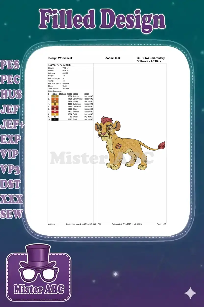 A detailed embroidery design worksheet for Kion, showing dimensions, thread colors, stitch count, and machine format.