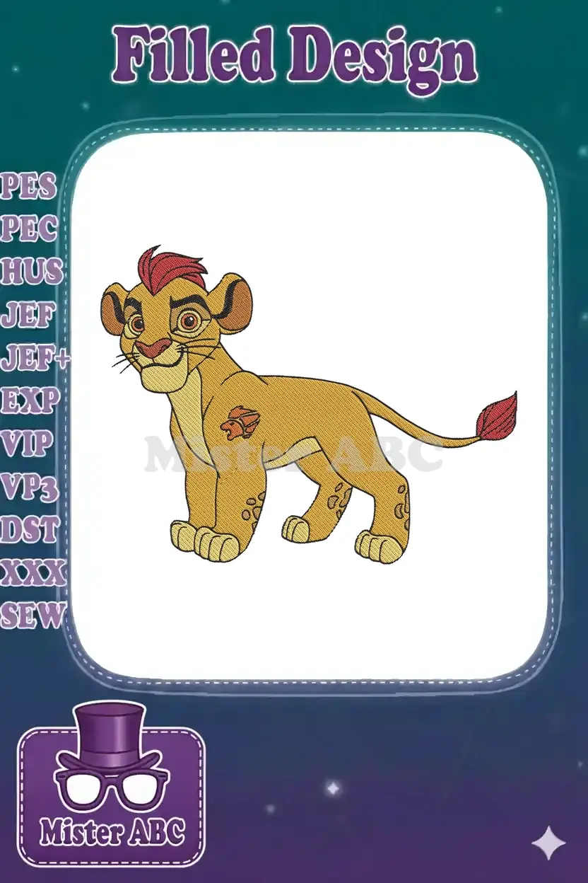 A vibrant embroidery design of Kion from Disney's The Lion Guard, featuring his iconic red mane and mark.