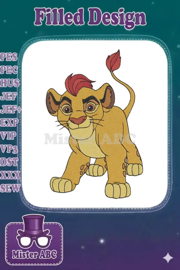Vibrant Kion embroidery design from The Lion Guard, featuring the young lion cub with his distinctive red mohawk.