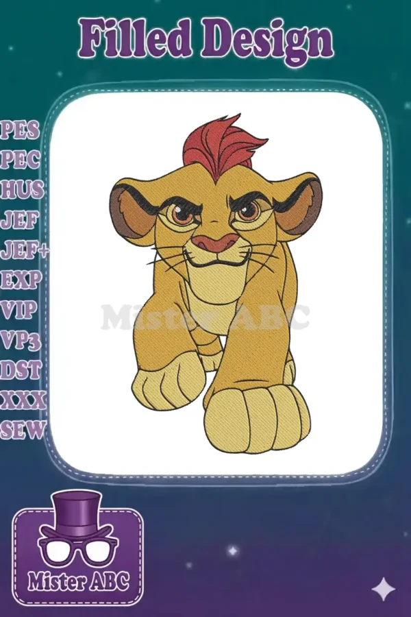 Close-up of a detailed Kion embroidery design, capturing his determined expression and iconic red mane.