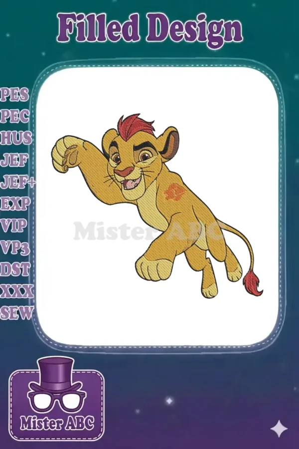 Vibrant embroidery of Kion from Disney's Lion Guard, mid-leap with a cheerful expression, showcasing detailed stitching.