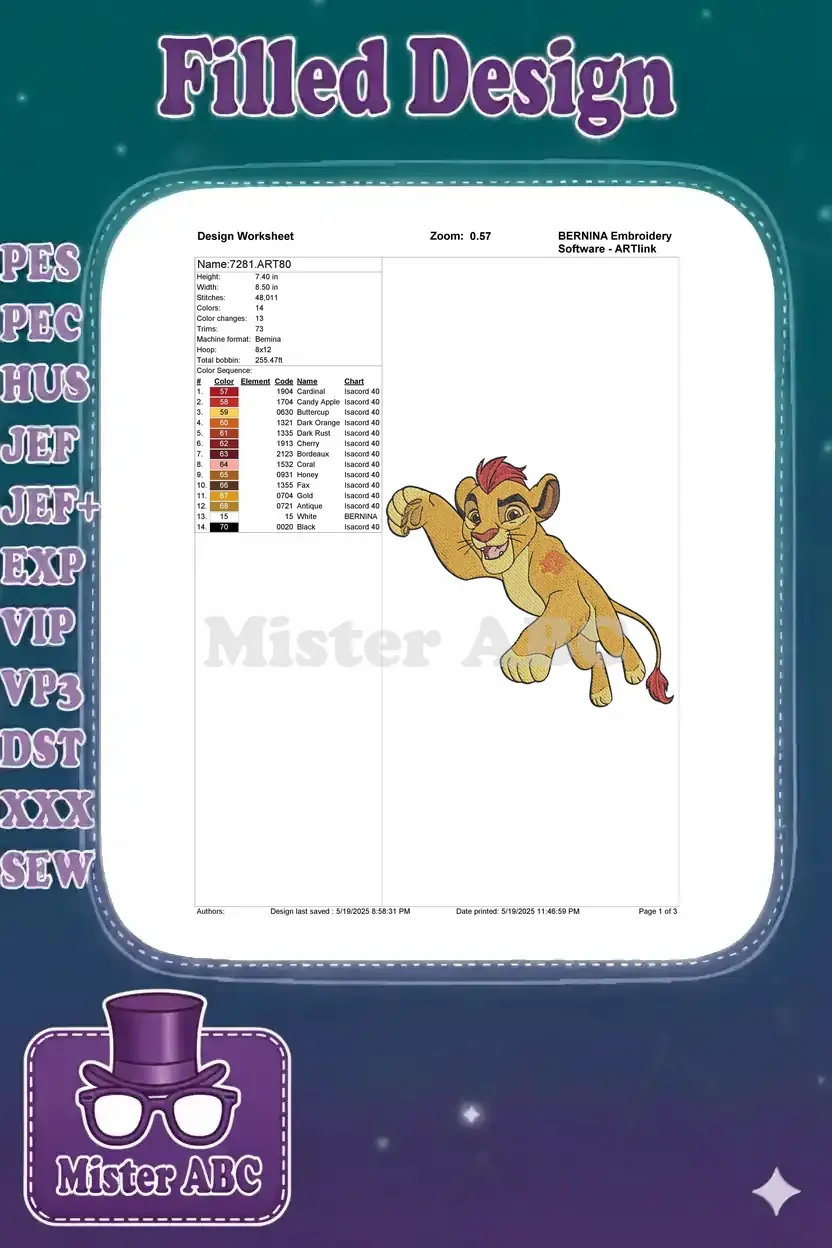 BERNINA embroidery design worksheet for Kion, detailing dimensions, stitch count, color changes, and thread chart.