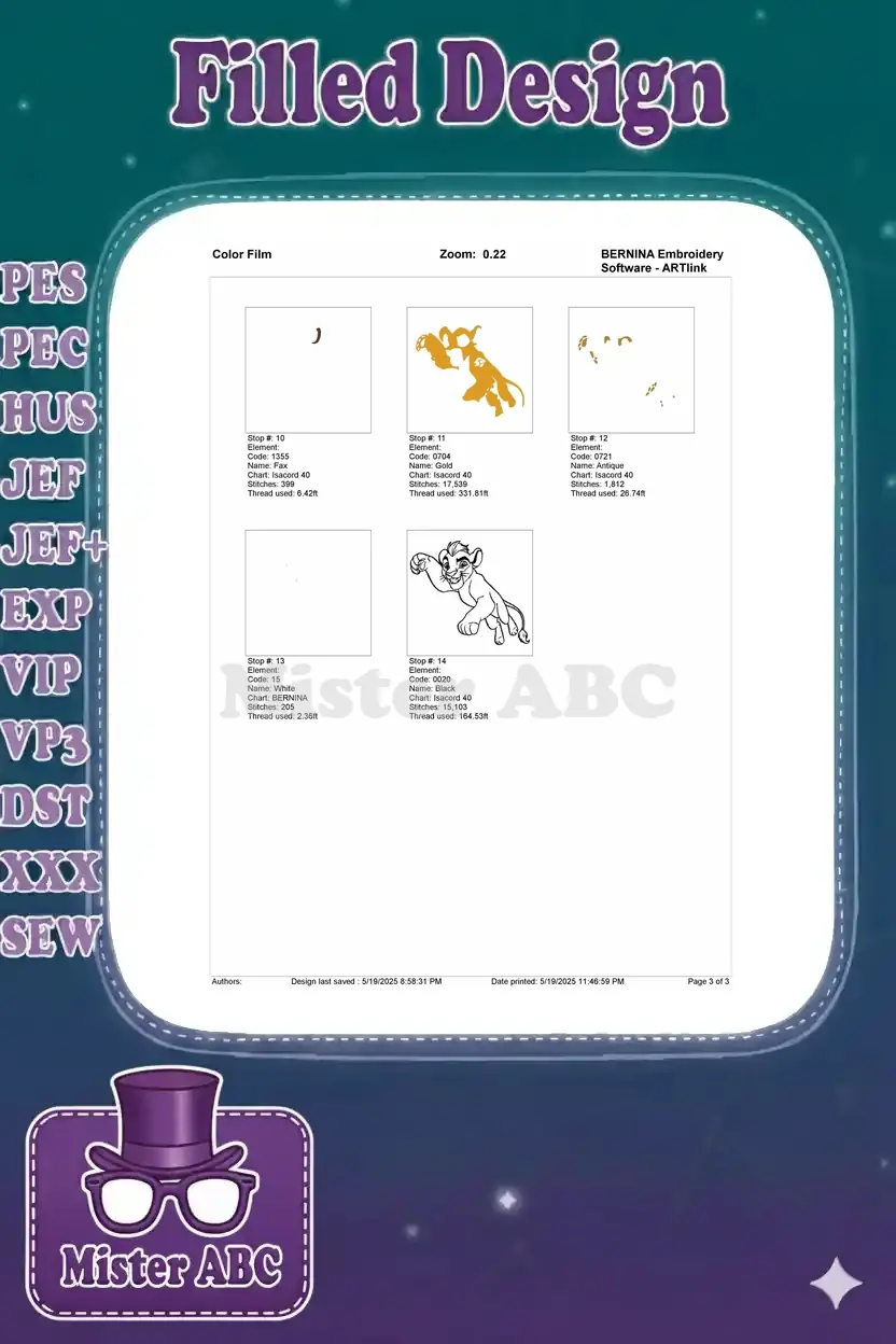 BERNINA ARTLink Color Film showing the remaining five individual color stops for the Kion embroidery design.