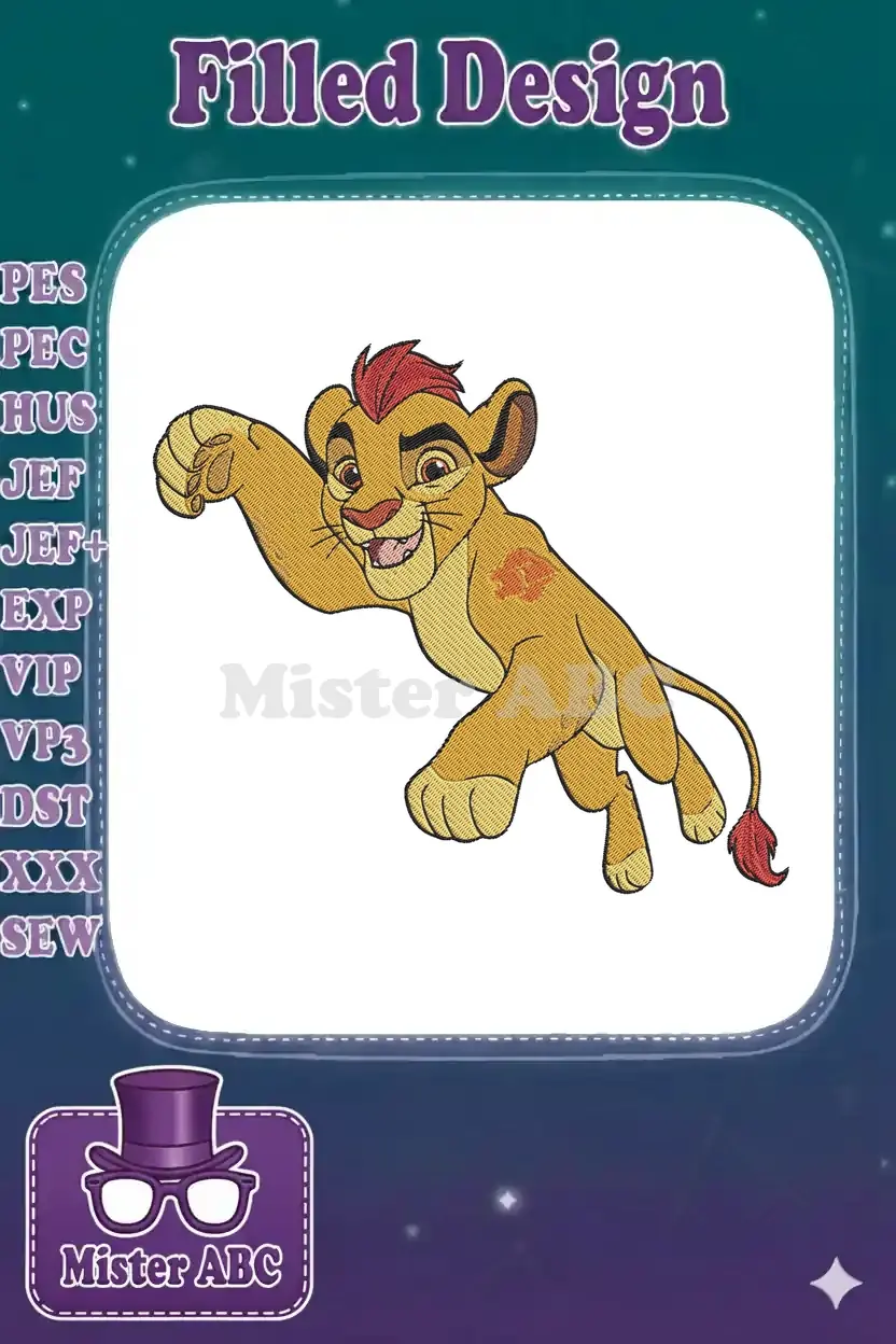 Vibrant embroidery of Kion from Disney's Lion Guard, mid-leap with a cheerful expression, showcasing detailed stitching.