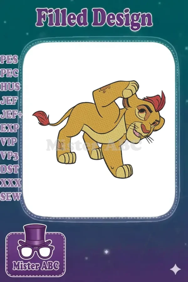 A detailed embroidery design of Kion from The Lion Guard, depicted in a playful, pouncing pose with his signature red mane.