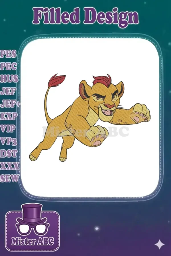 Vibrant embroidery design featuring Kion from The Lion Guard in a dynamic, jumping pose with rich colors.