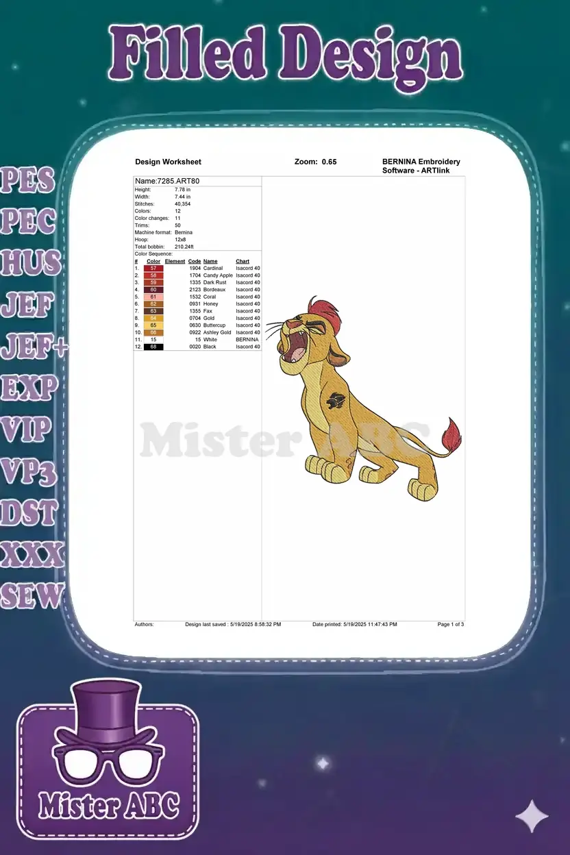 Embroidery design worksheet for Kion, detailing dimensions, stitch count, color sequence, and thread types.
