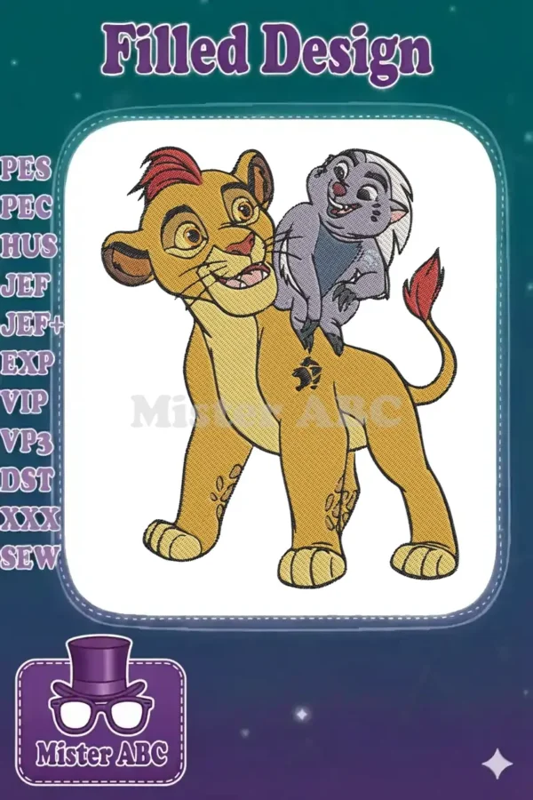 A charming embroidery design of Kion, a golden lion cub, carrying Bunga, a purple honey badger, on his back.