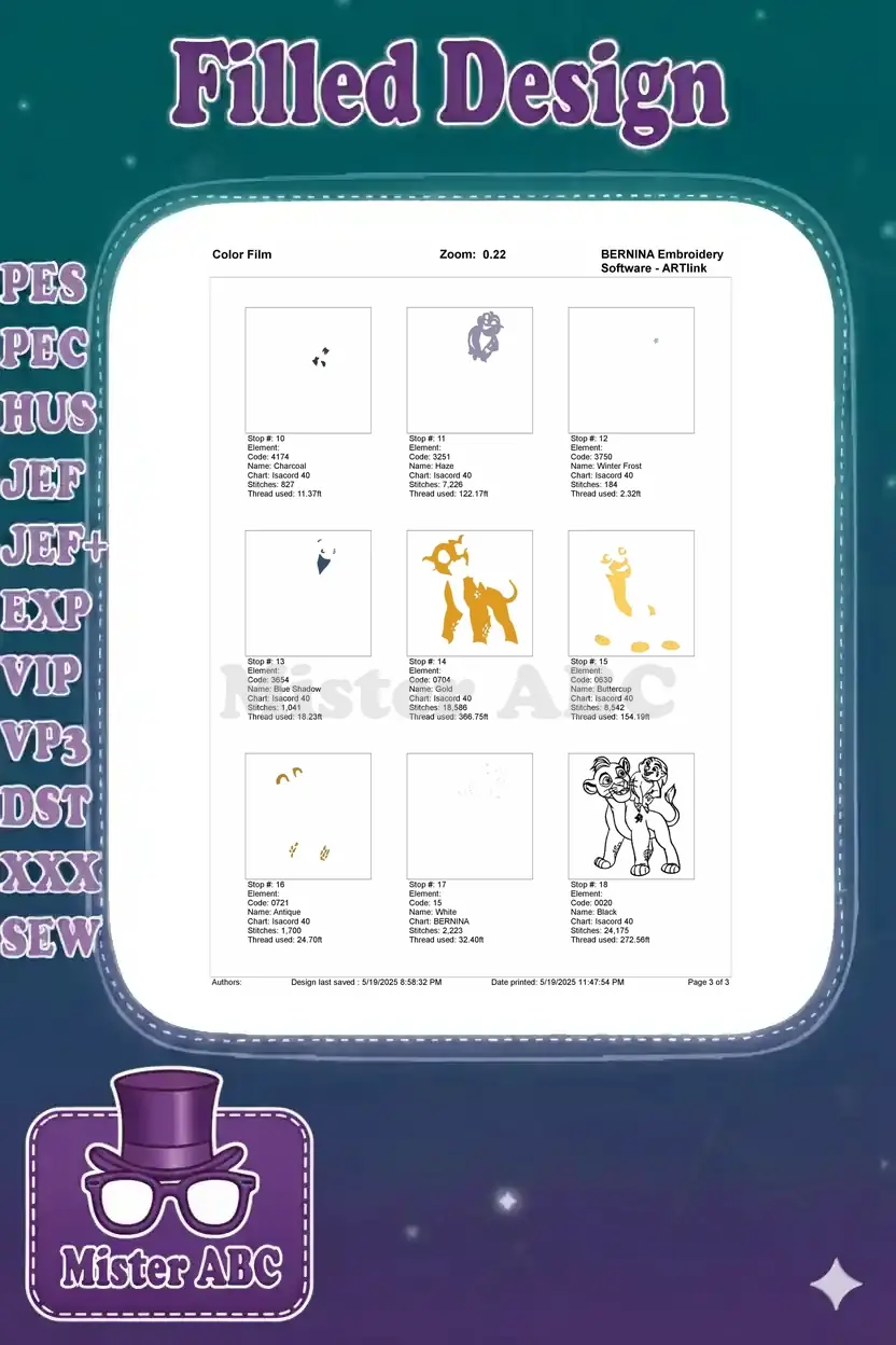 Second page of the color film displaying subsequent embroidery stitch stops, thread colors, and usage details.