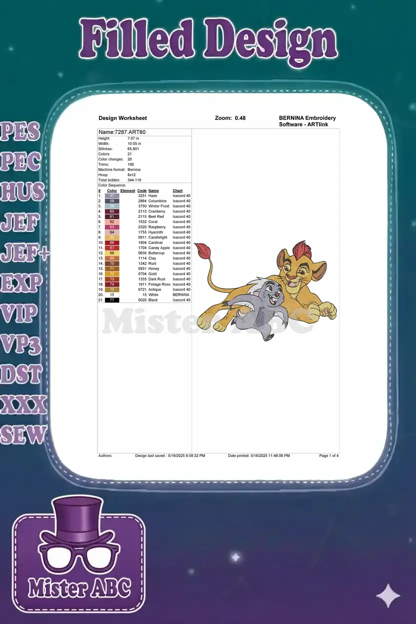A detailed embroidery design worksheet showing Kion and Bunga, outlining dimensions, stitch count, and 21 thread colors.