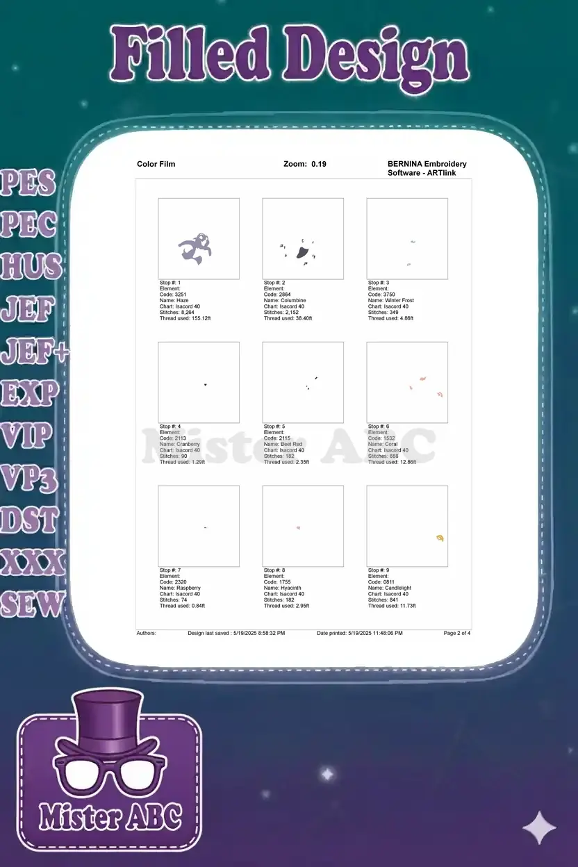 The first nine color film stops for the Kion and Bunga embroidery, showing individual color layers and stitch counts.