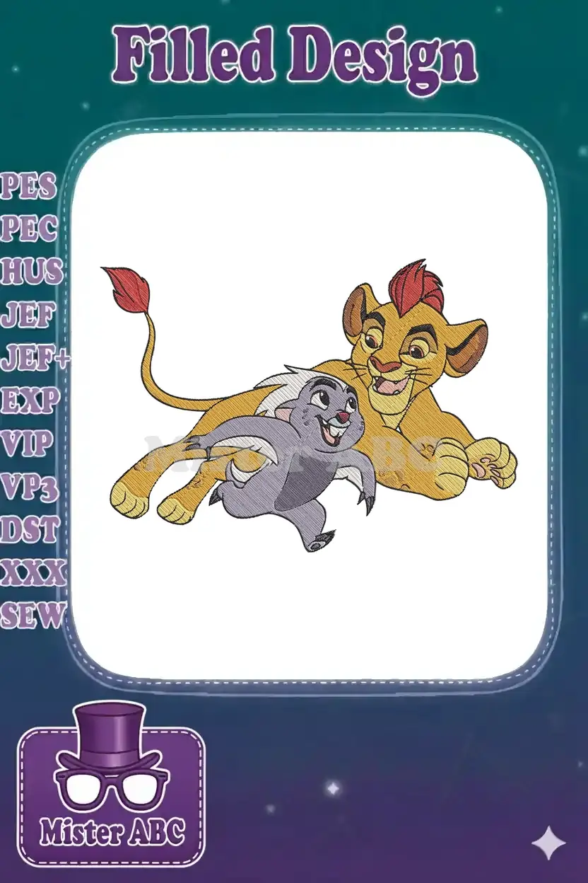 A vibrant embroidery design featuring Kion, a lion cub, and Bunga, a honey badger, from The Lion Guard in a playful pose.