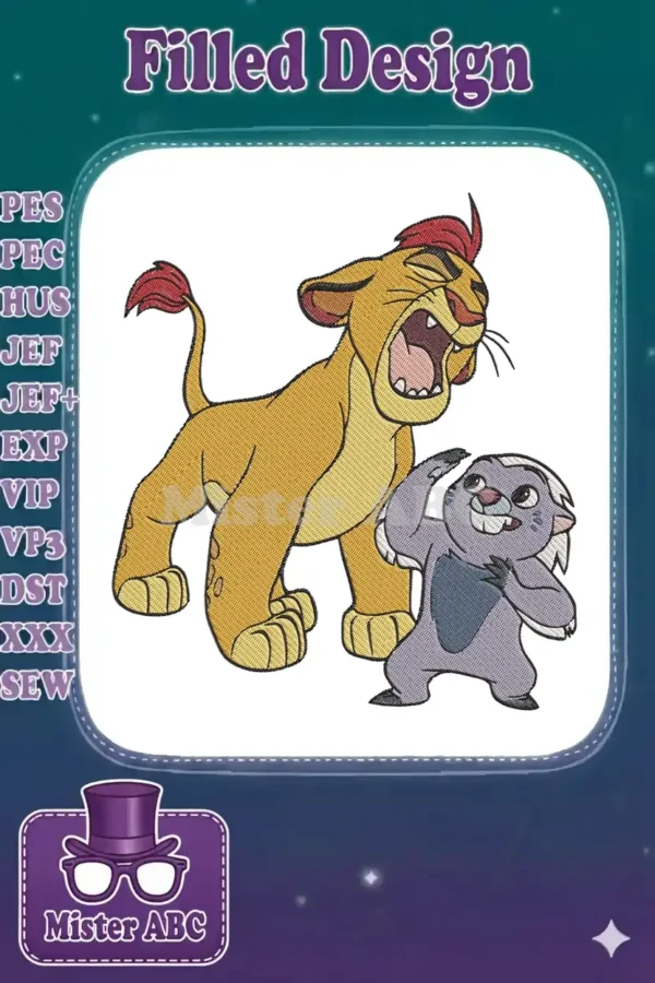 Vibrant machine embroidery design of Kion roaring alongside Bunga from Disney's The Lion Guard, full of character.