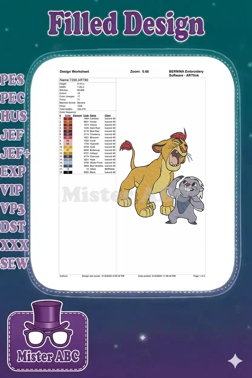 Embroidery design worksheet for Kion and Bunga, detailing dimensions, stitch count, and color sequence information.