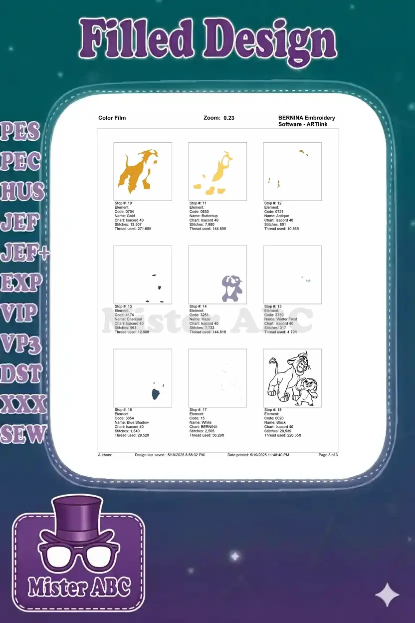 Color film sequence (page 3 of 3) displaying the remaining color stops and final outline for the embroidery design.