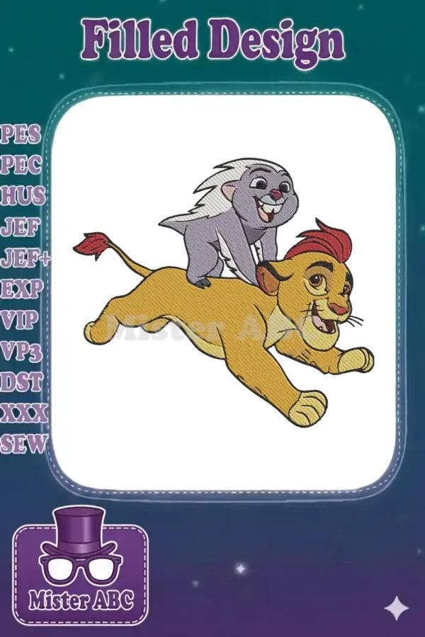 High-quality embroidery of Kion and Bunga from The Lion Guard, showing their joyful, running pose.