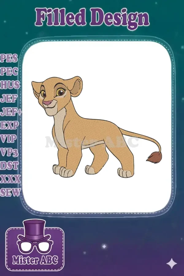 Vibrant embroidery design featuring Kiara, the adorable lion cub from Disney's The Lion King, looking playful.