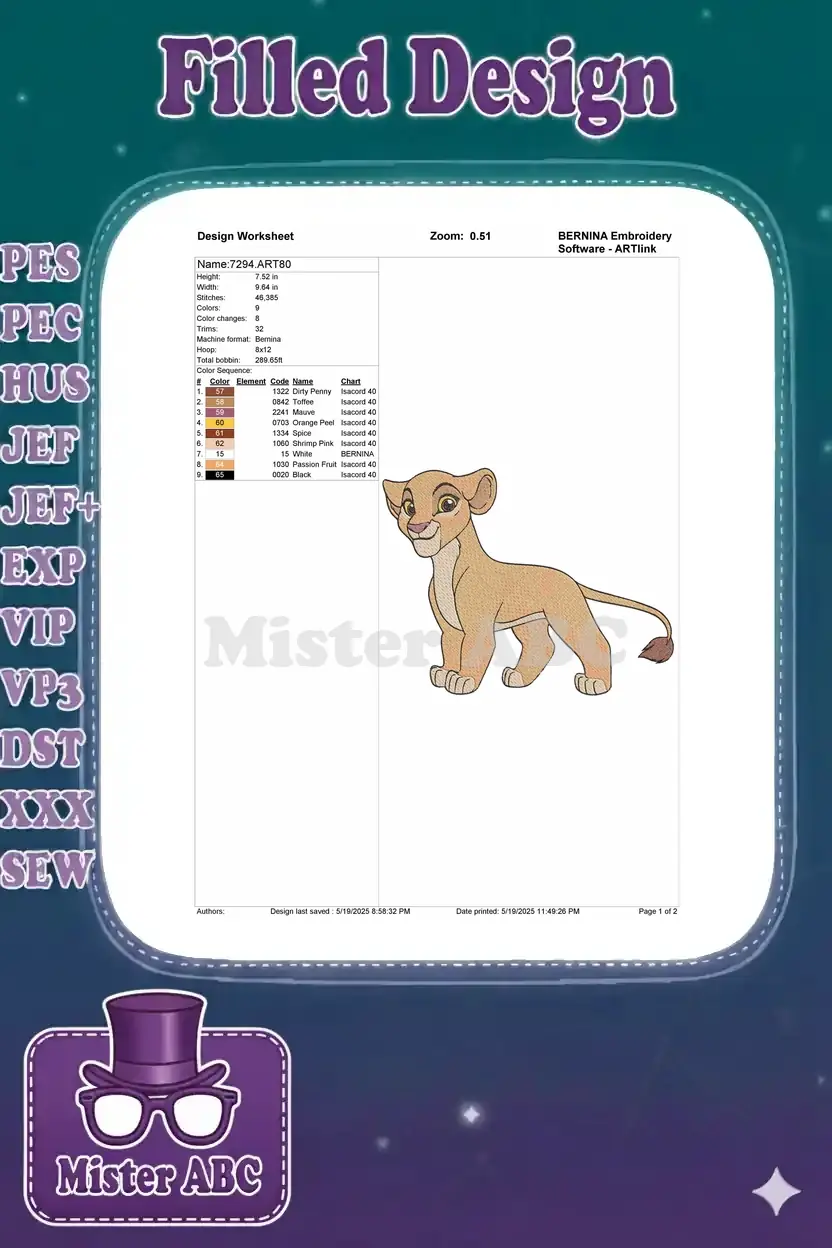 Detailed embroidery design worksheet for Kiara, showing dimensions, stitch count, color sequence, and thread codes.