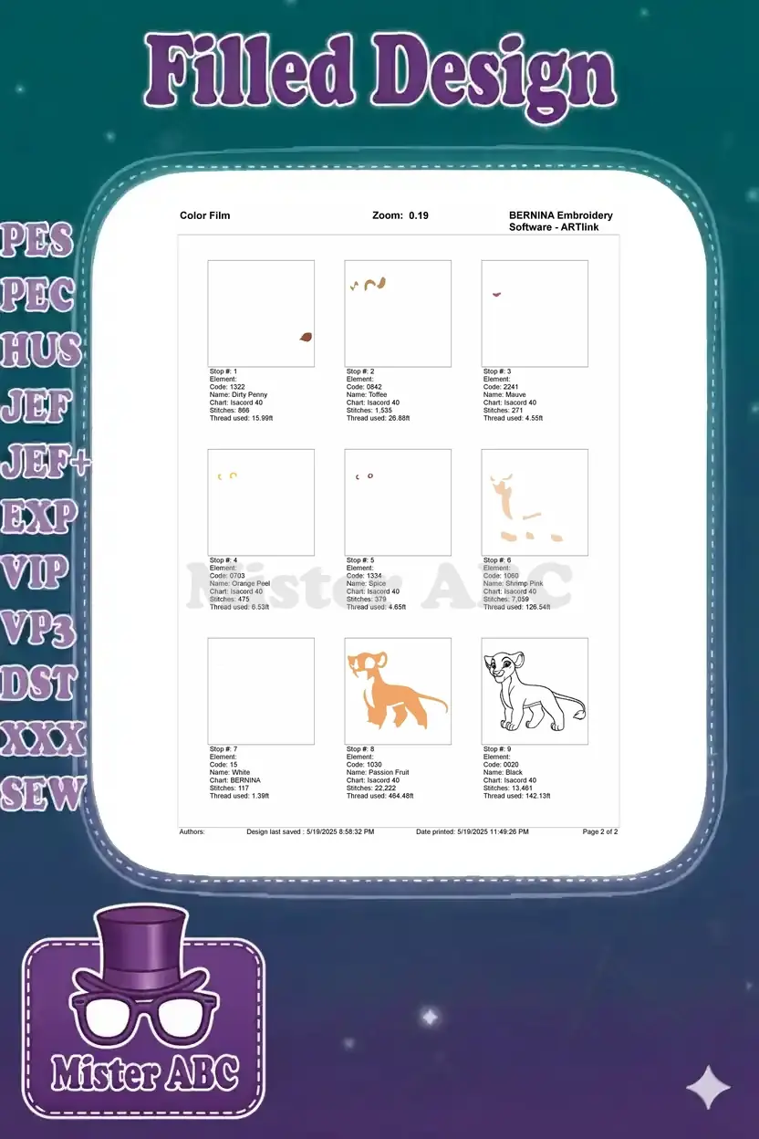 Embroidery color film showing individual stitch elements and thread usage for each color in the Kiara design.
