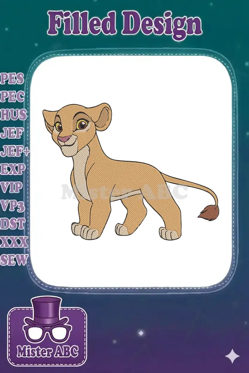 Vibrant embroidery design featuring Kiara, the adorable lion cub from Disney's The Lion King, looking playful.