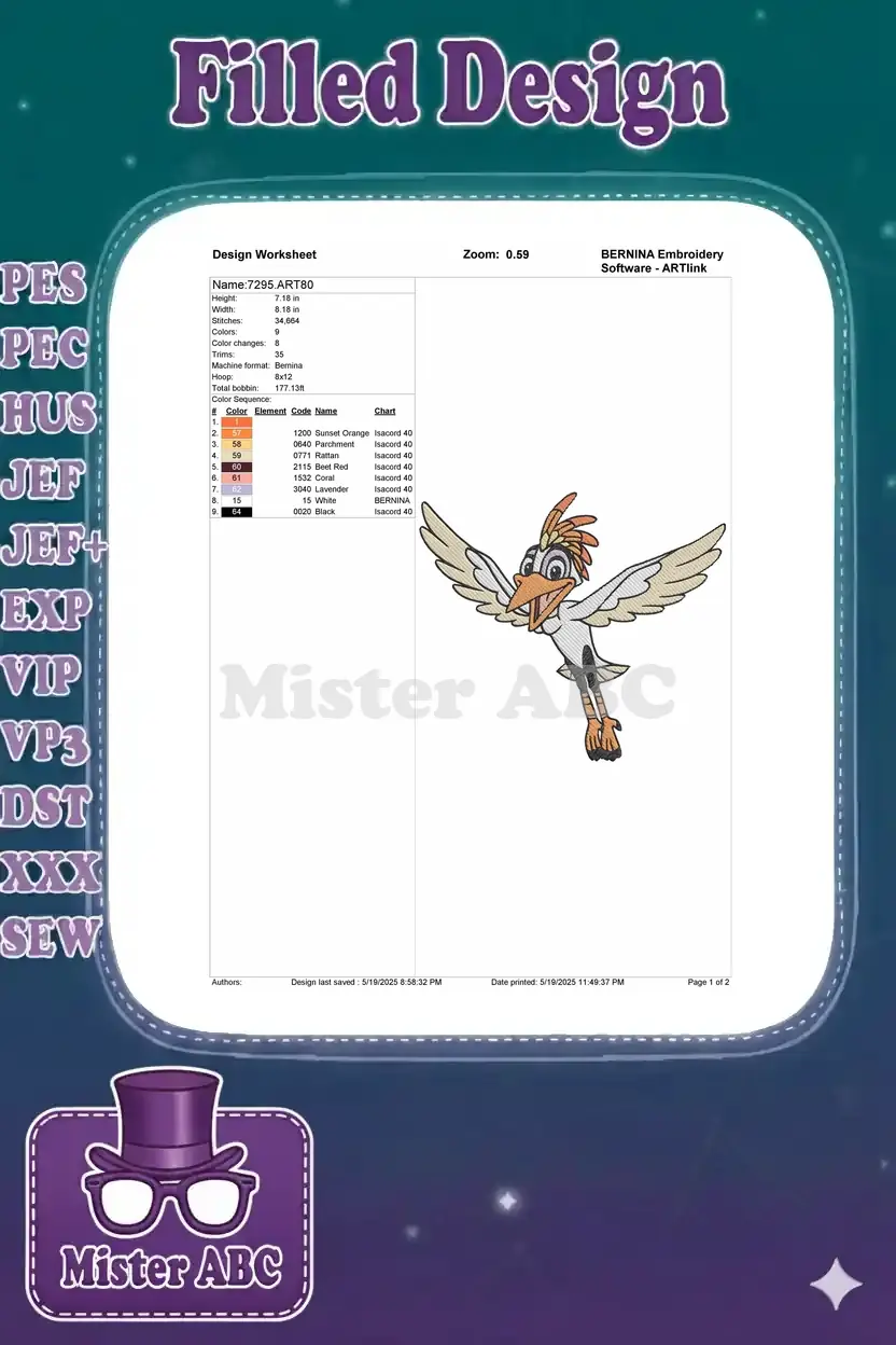Embroidery design worksheet for Zazu, detailing dimensions, stitch count, color sequence, and machine compatibility.