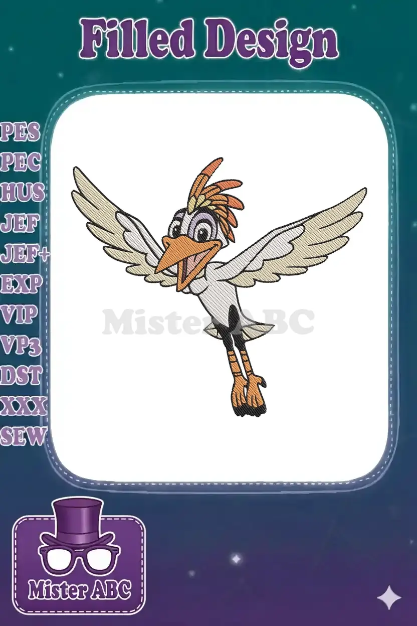 A lively embroidery design of Zazu, the Disney hornbill, mid-flight with wings spread and mouth open, on white.