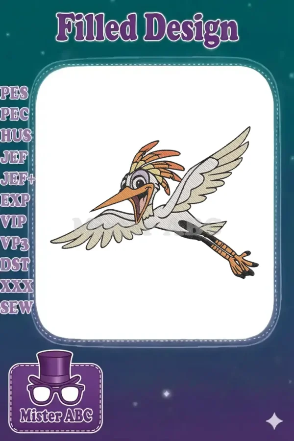 Detailed Zazu embroidery design from The Lion King, featuring the hornbill in mid-flight with vibrant colors.