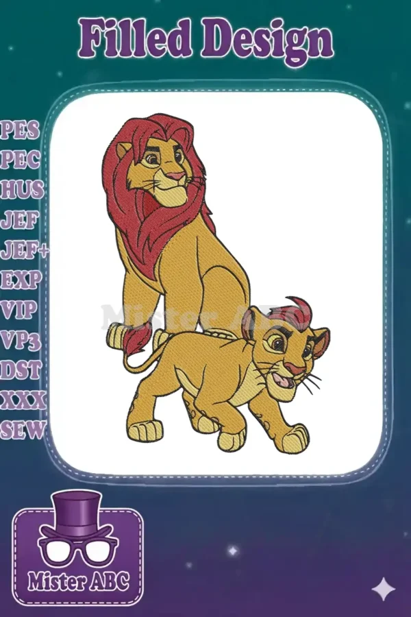 Embroidered design featuring Mufasa, the majestic adult lion, and young Simba, the playful cub, from The Lion King.