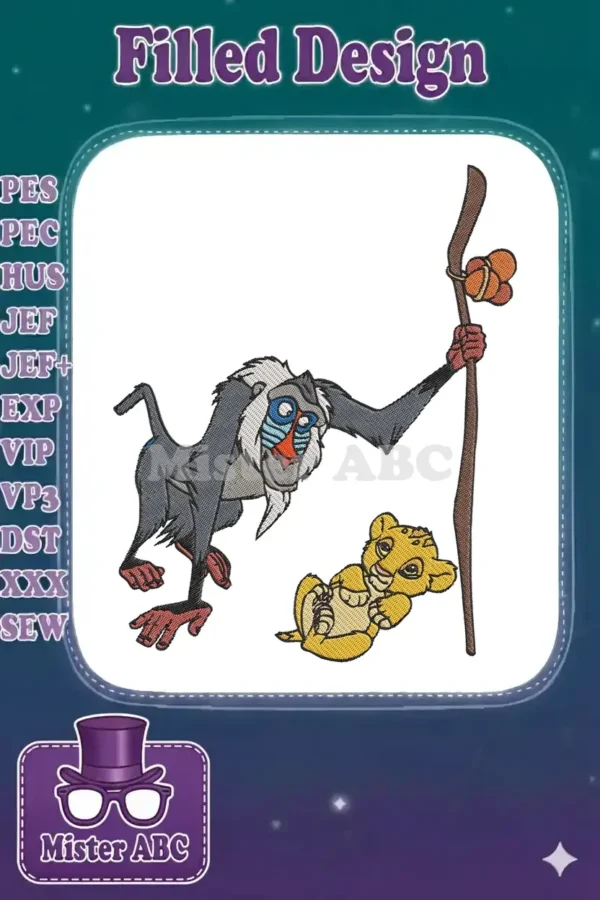 Iconic Rafiki and Simba embroidery design, vibrant and detailed, capturing a beloved Disney moment. Perfect for fans.