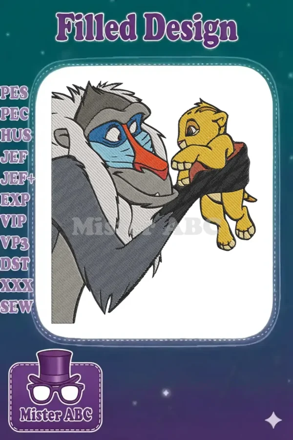 Detailed embroidery of Rafiki holding baby Simba, capturing the heartwarming scene from The Lion King in vibrant colors.