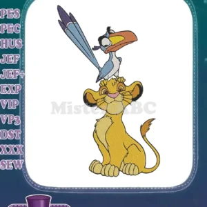 Vibrant embroidery of young Simba and Zazu from Disney's The Lion King, captured in a playful, detailed design.