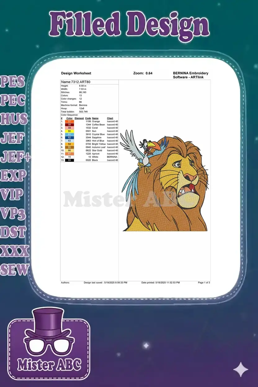 A detailed embroidery worksheet for design 7312.ART80, showing dimensions, stitch count, and color sequence.