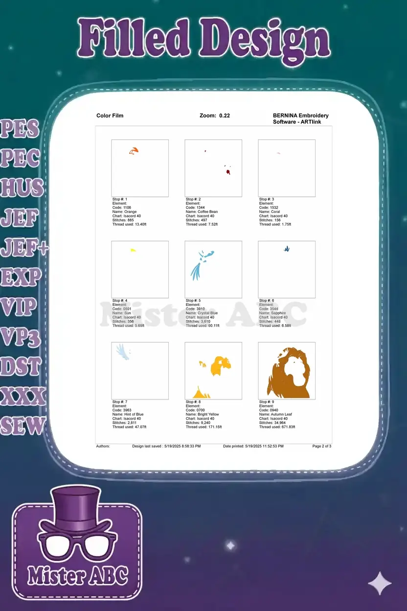 A Bernina ARTLink 'Color Film' showing the first 9 color stops and stitch details for the Mufasa and Zazu design.