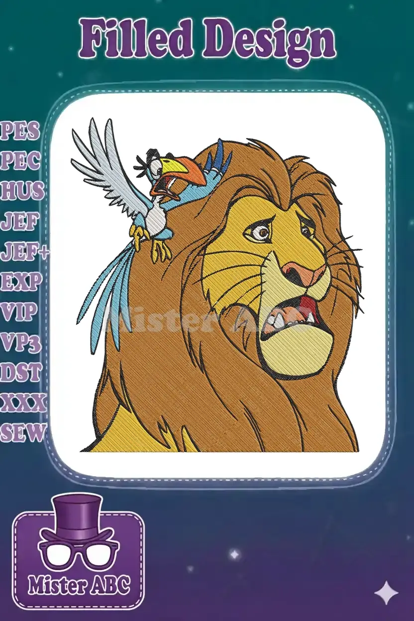 A vibrant embroidery of Mufasa looking worried, with a concerned Zazu perched on his mane, from The Lion King.