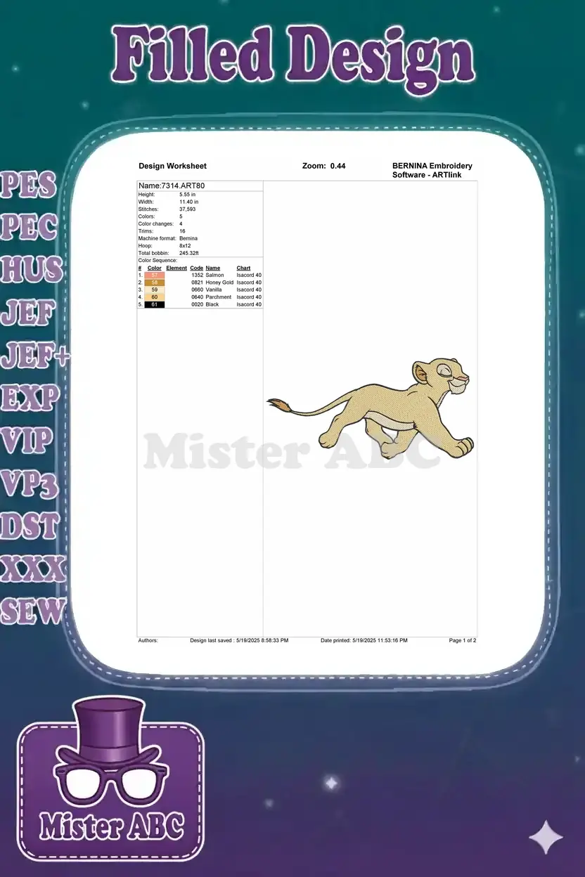 Embroidery design worksheet detailing dimensions, stitch count, color sequence, and machine format.