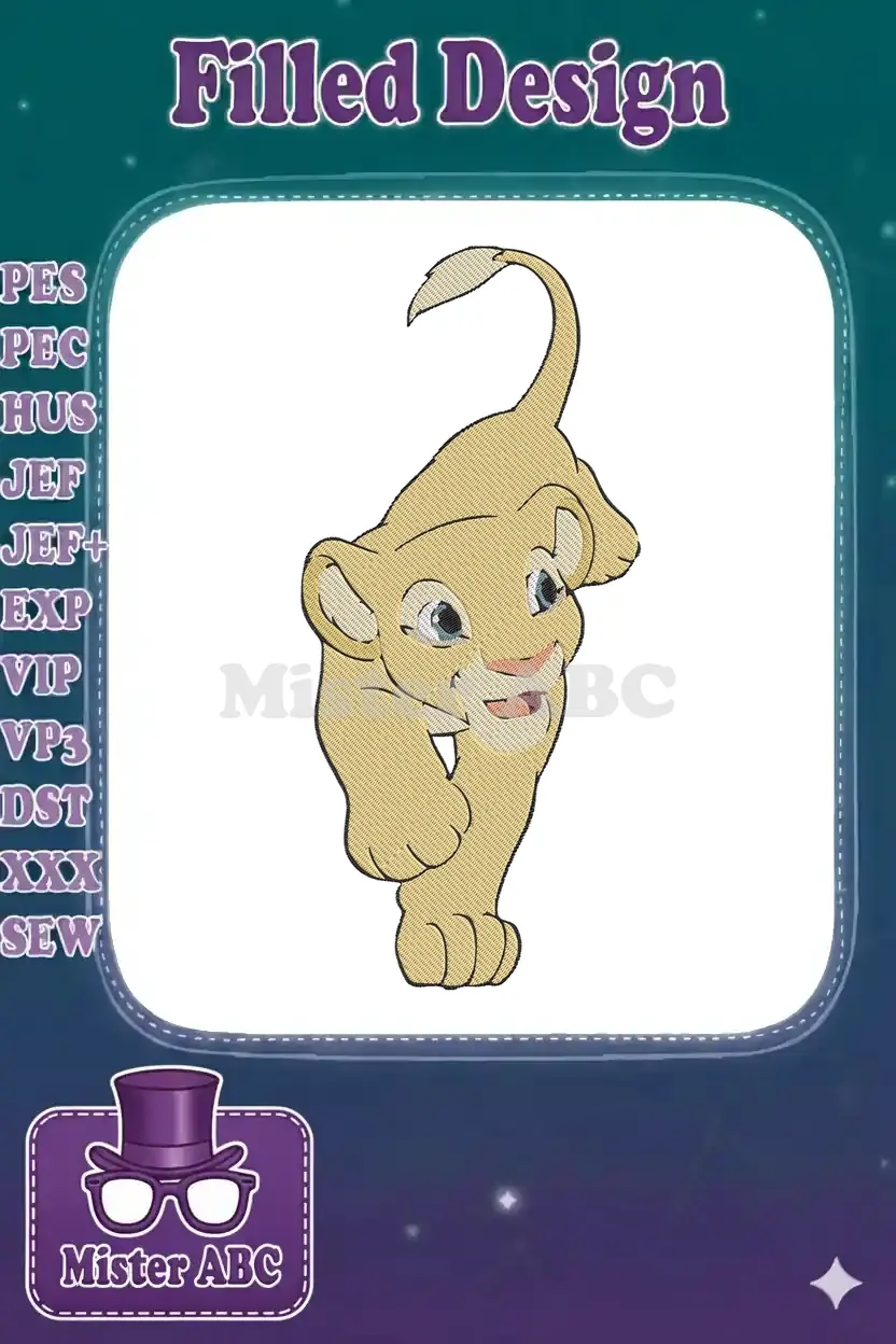 A close-up of a charming Nala cub machine embroidery design, featuring her playful pose and bright eyes.