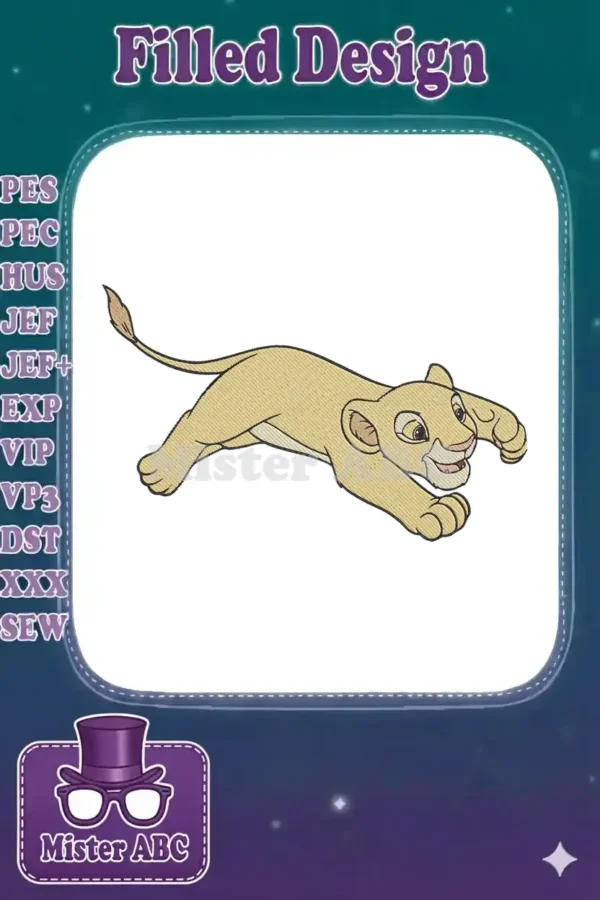 A dynamic embroidery design featuring Nala from The Lion King, captured in a playful, running pose.