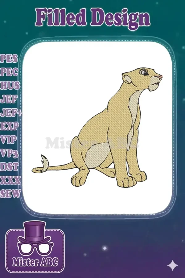 A detailed embroidery design featuring a sitting lioness with a serene expression, rendered in classic animated style.