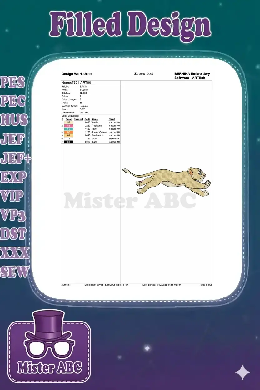 Technical worksheet for embroidery design 7324.ART80, detailing dimensions, stitch count, colors, and thread sequence.