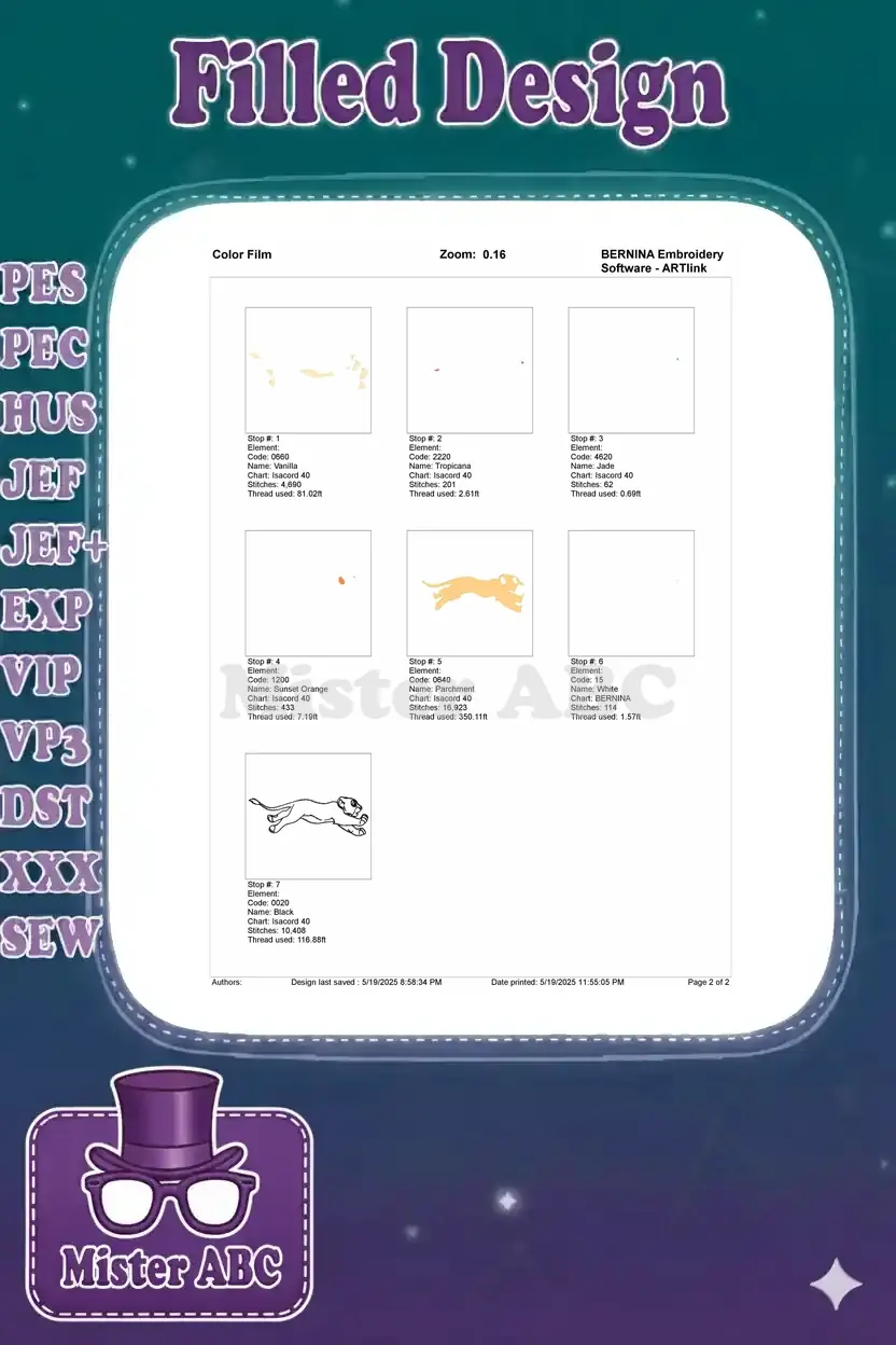 A color film breakdown for embroidery design 7324.ART80, illustrating each individual color stop and its stitch details.