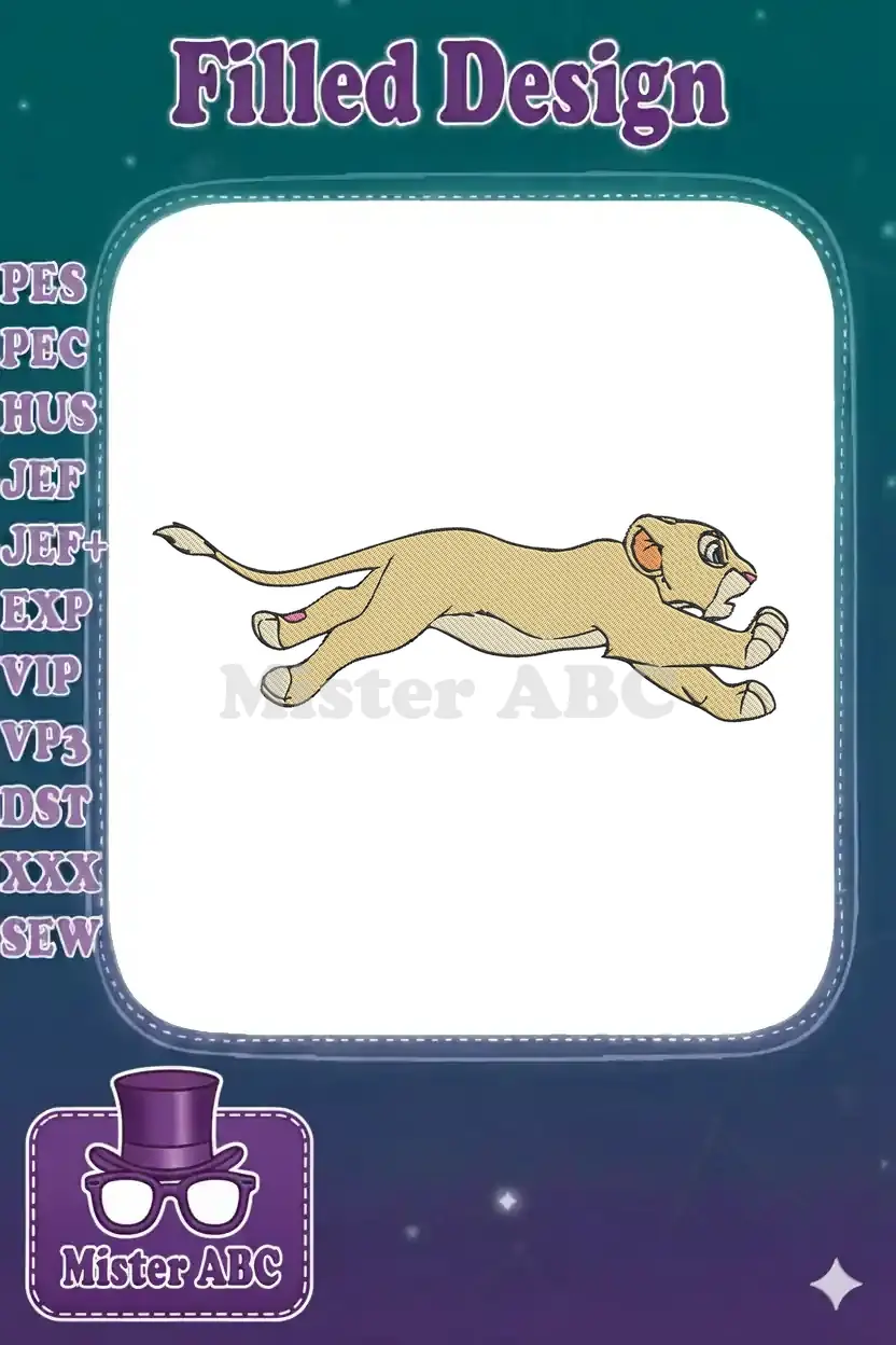A vibrant embroidery design of Nala, a playful lion cub from The Lion King, captured in a dynamic running pose.
