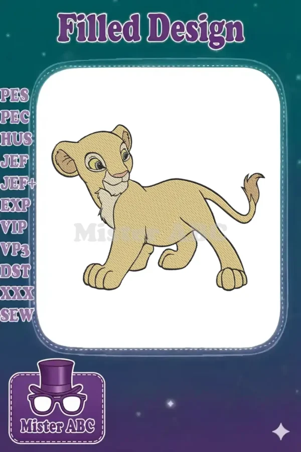 A charming embroidery of Nala from The Lion King, a young lion cub with a playful, curious expression.