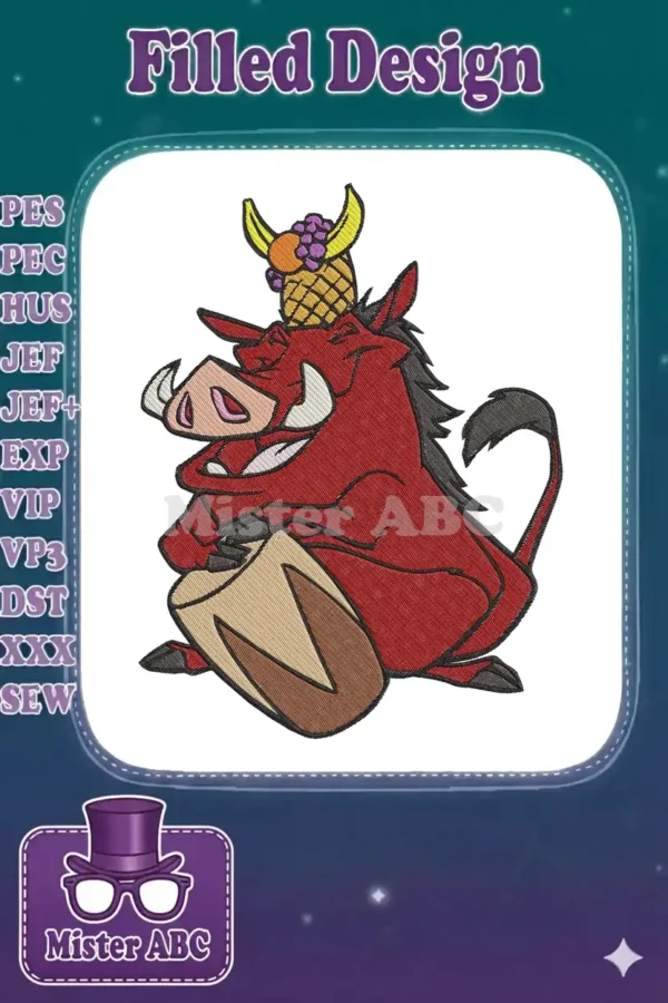 Close-up of Pumbaa, the warthog, in a detailed embroidery design, wearing a fun pineapple and fruit hat.