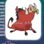 Cheerful Pumbaa warthog eating green grub cartoon embroidery designs - Instant Download