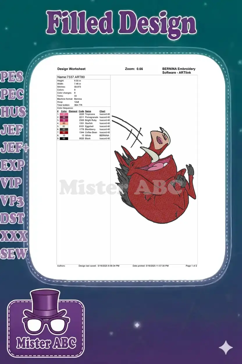 Embroidery design worksheet for Pumbaa, showing dimensions, stitch count, thread colors, and machine compatibility.