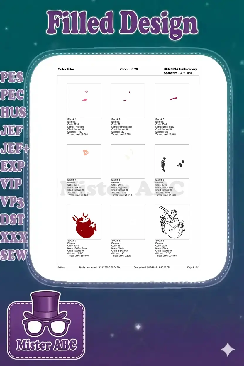 Embroidery design color film showing the stitch sequence for each thread color of the Pumbaa design.