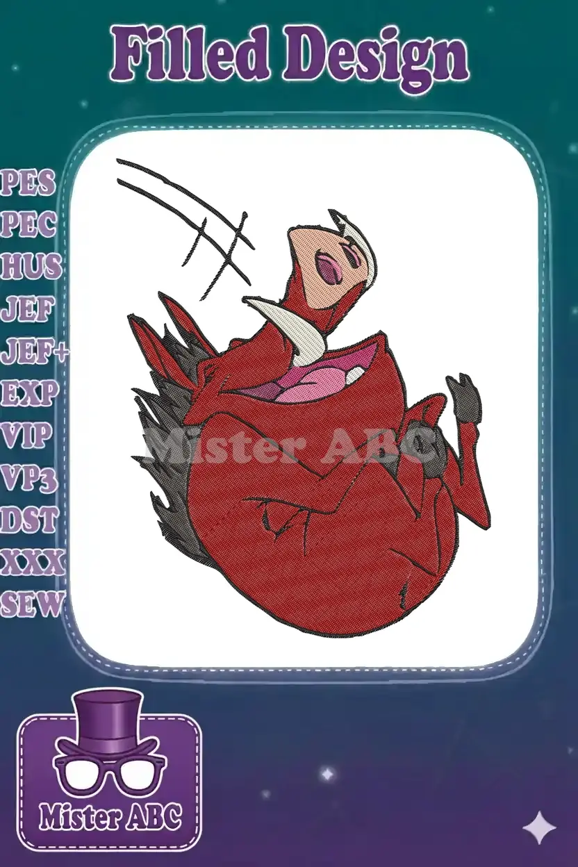 Embroidered Pumbaa design, a warthog from The Lion King, startled with hash marks, in red, black, and pink.