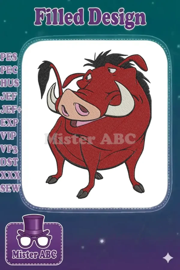 Detailed embroidery of Pumbaa, the warthog from The Lion King, looking over his shoulder with a friendly expression.