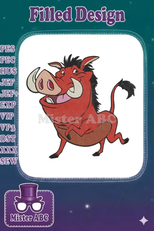 Vibrant embroidery design of Pumbaa from The Lion King, depicted running with a joyful expression and tusks.